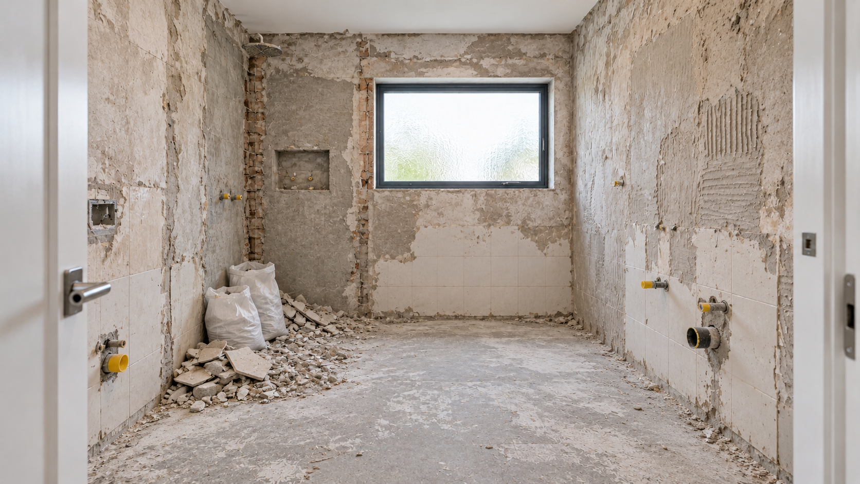 KI-Visualisierung: teilweise zurückgebautes Badezimmer mit entfernten Wandbelägen, offenem Untergrund und abgebauten Sanitärobjekten